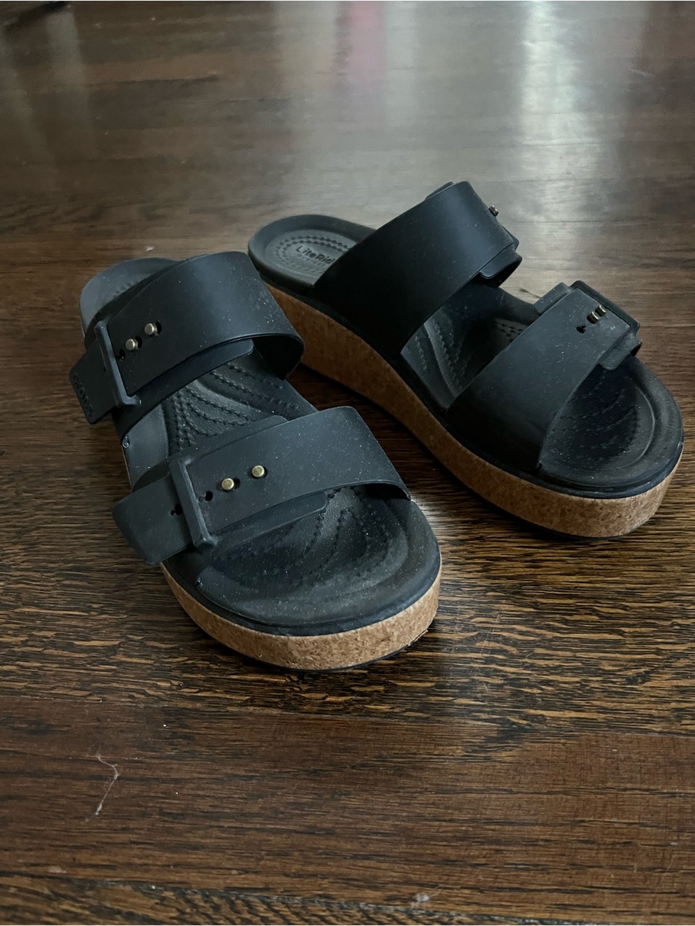 CROCS Black Double-Strap Platform Sandals with Cork-Colored Sole